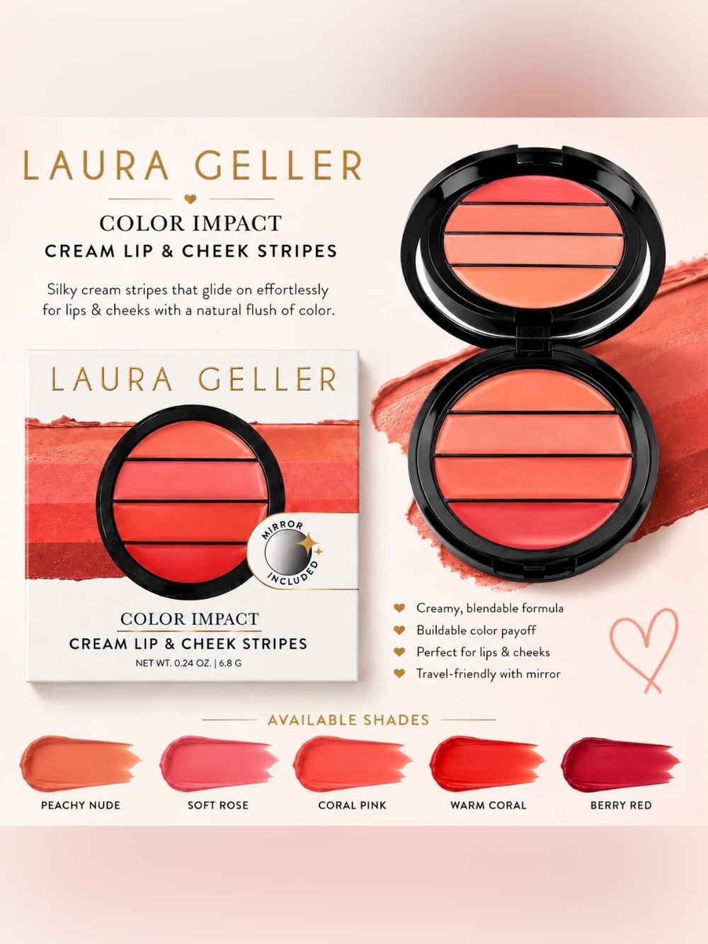 NIB Laura Geller Color Impact Cream Lip & Cheek Stripes Bare Essentials